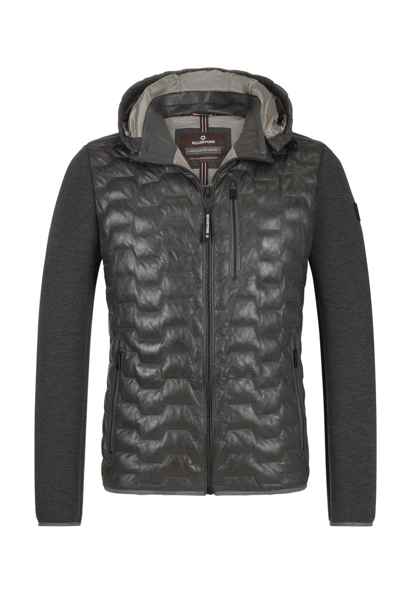 Grau gepolsterte Jacke mit Reißverschluss, Kapuze und gemischtem Material; glänzendes Puffer-Oberteil und weiche graue Ärmel; zwei Fronttaschen.