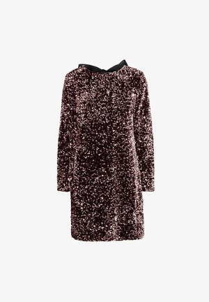 Pailletten jurk in donkerroze, met lange mouwen en een zwarte strik halslijn. Gelaagde oppervlakte bedekt met glanzende pailletten.
