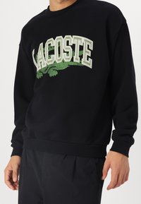 Felpa in cotone nera con un'importante grafica del logo verde Lacoste con coccodrillo, collo a giro, e polsini e orlo a coste.