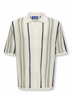 Polo majica s kratkimi rokavi iz pletenine v kremni barvi z navpičnimi črtami v mornarsko modri, zeleni in bež barvi, z gumbi na sprednji strani in klasičnim ovratnikom.