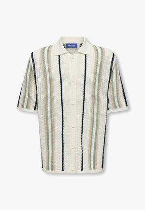 Polo en maille à manches courtes couleur crème avec des rayures verticales bleu marine, vertes et beiges, doté d'une patte de boutonnage et d'un col classique.