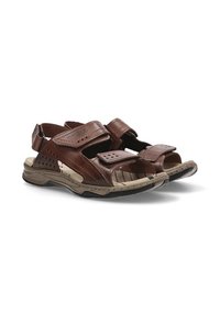 Sandalias de cuero marrón con correas de velcro, puntera abierta y lados perforados. Plantilla texturizada y suela de goma duradera para un mejor agarre.