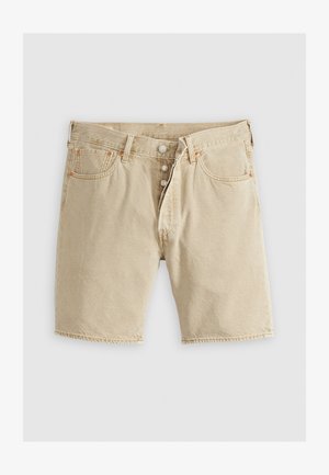 Šviesiai smėlio spalvos džinsiniai šortai su mygtukų užtrauktuku, penkiomis kišenėmis ir matomais siuvimo akcentais. Apatinė dalis tiesi, be išsiplyšimų.