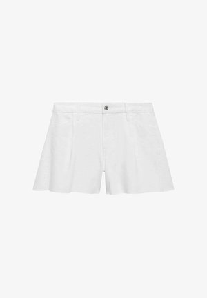 Pantaloni corti in cotone bianco con vestibilità rilassata, dotati di tasche frontali, chiusura con bottone e cuciture piatte per una finitura liscia.