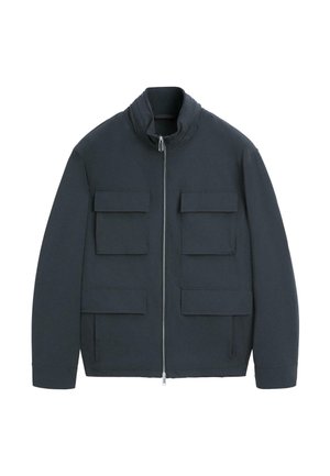 Black zip-up jacket with stand collar and four front flap pockets, displayed on a white background.