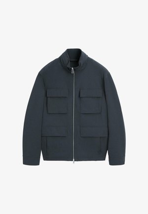 Black zip-up jacket with stand collar and four front flap pockets, displayed on a white background.