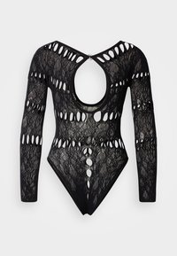 Μαύρο κορμάκι από δαντέλα με μακριά μανίκια, με λεπτομέρειες κοψίματος και σχέδιο πίσω με άνοιγμα με σχήμα κλειδιού. Ομαλή υφή με περίπλοκα σχέδια δαντέλας.