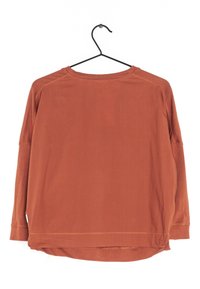 Ein rostfarbendes Langarmshirt an einem Haken, mit einem runden Halsausschnitt, abgerundetem Saum und dezenten Nähdetails. Weicher, glatter Stofftextur.