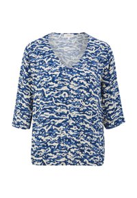 Blauw-witte top met een V-hals, korte mouwen en een relaxed fit. Het ontwerp heeft golvende strepen die lijken op een camouflagepatroon.