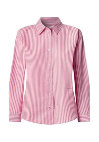Rosa gestreifte Button-Up-Bluse mit Kragen, die vertikale Streifen in hellen und dunklen Farbtönen aufweist, lange Ärmel und einen abgerundeten Saum hat.