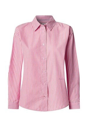 Rosa gestreifte Button-Up-Bluse mit Kragen, die vertikale Streifen in hellen und dunklen Farbtönen aufweist, lange Ärmel und einen abgerundeten Saum hat.