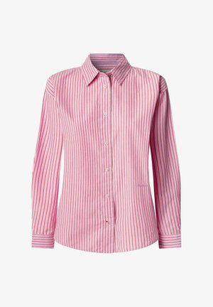 Roze gestreepte overhemd met kraag, met verticale strepen in lichte en donkere tinten, lange mouwen en een ronde zoom.