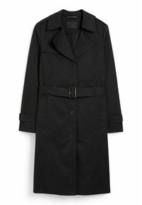 Czarny płaszcz trenchowy wykonany z gładkiego materiału, z paskiem w talii, dużym kołnierzem, zapięciem na guziki z przodu oraz długimi rękawami z wykończeniem mankietów.