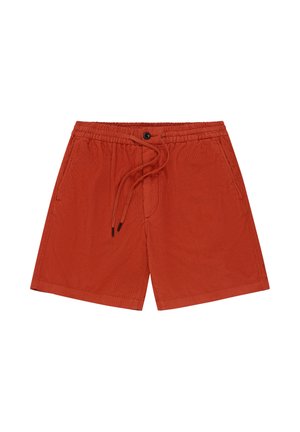Casual shorts in roestkleur met elastische tailleband, trekkoord, knoopsluiting en zijzakken op een witte achtergrond.