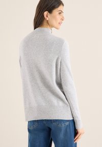 Hellgrauer Pullover mit hohem Kragen und gerippten Bündchen, mit weicher Textur. Kombiniert mit blauen Jeans, von hinten gezeigt.