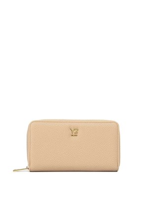 Portafoglio beige in pelle con zip a giro, logo Y? dorato e cursore della zip, forma rettangolare, design minimale.