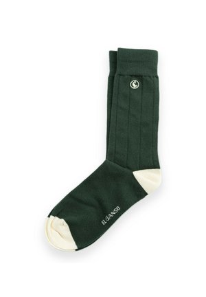 Calcetines de canalé verde oscuro con puntera y talón de color crema, logo cerca del puño y "EL GANSO" impreso en la suela.