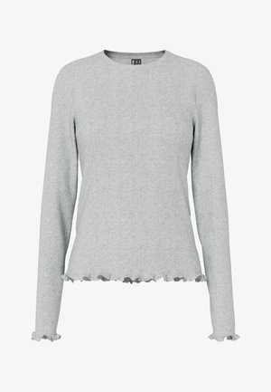 Helehall pikkade varrukatega soonikkoes pluus ümmarguse kaelusega ja narmendava äärega. Mulleeritud varrukad ja tekstuuriga kangas. Ilma kaunistusteta.