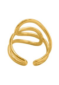 Goldener Metallring mit wellenförmigem Design, der aus vier gebogenen Strängen besteht. Glatte Textur mit glänzendem Finish und offener Form.