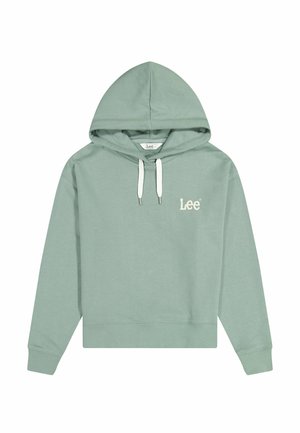Sudadera con capucha de color verde claro con cordones blancos y pequeño logo "Lee" en el pecho, puños y dobladillo acanalados, colocada sobre un fondo blanco.
