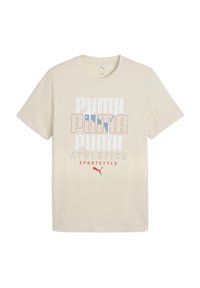 Beige bomulds T-shirt med et dristigt grafisk design med "PUMA" i rød og blå skrift, og "ATHLETICS SPORTSTYLE" i grå i centrum.