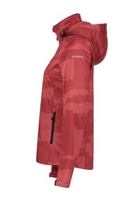 Rode waterdichte jas met een capuchon, voorzien van een geometrisch patroon, met een ritszak aan de zijkant en een verstelbare trekkoord bij de hals.