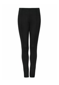 Czarne dopasowane legginsy o gładkiej teksturze, z wysokim stanem i pionowymi szwami z przodu, które dodają kształtu.
