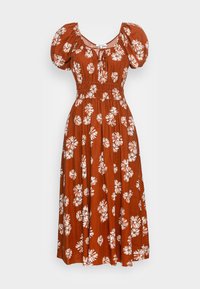 Robe midi couleur rouille avec des motifs floraux blancs, manches bouffantes courtes, corsage smocké et jupe évasée. Fabriquée en tissu léger.