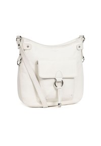 Borsa a tracolla in pelle bianca con tasca frontale con patta, chiusura con zip superiore, tracolla regolabile e dettagli in metallo argentato. Tessuto liscio.