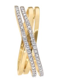 Goldring mit verflochtenen Bändern; zwei Bänder besetzt mit kleinen klaren Steinen; glatte, polierte Oberfläche; zeitgemäßes Design.