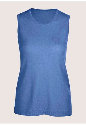 Ärmelloses blaues Top aus geripptem Stoff, mit einem runden Halsausschnitt und gerader Passform. Der Saum hat ein dezentes geripptes Band.