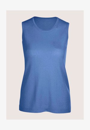 Ärmelloses blaues Top aus geripptem Stoff, mit einem runden Halsausschnitt und gerader Passform. Der Saum hat ein dezentes geripptes Band.