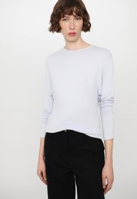 T-shirt a maniche lunghe di colore azzurro chiaro con collo rotondo e vestibilità rilassata. Presenta dettagli con cuciture diagonali e una tessitura morbida e liscia. Abbinato a pantaloni neri.