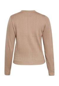 Beiger langärmeliger Strickpullover mit vertikalem Rippmuster, Rundhalskragen und engen Bündchen, von hinten gezeigt.