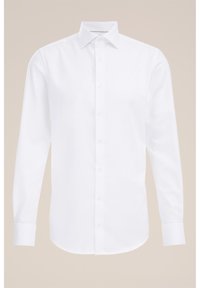 Baltas ilgomis rankovėmis marškiniai iš medvilnės, turintys klasikinį apykaklę ir priekinę sagų juostą centre. Lygi tekstūra.