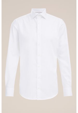 Witte lange mouw blouse gemaakt van katoen, met een klassieke kraag en een voorflap met knopen in het midden. Gladde textuur.