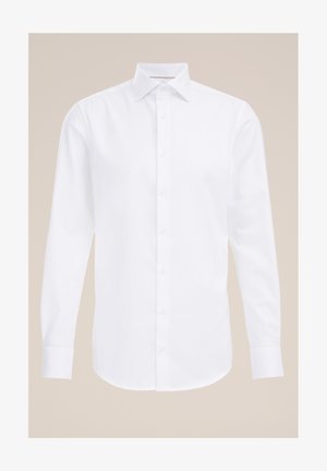 White long-sleeve shirt made of cotton, featuring a classic collar and a front placket with buttons down the center. Smooth texture.