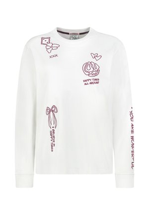 Weißes Langarmhemd mit bordeauxroten Skizzen von einem Herz, einer Blume und einer Schleife und Text mit "HAPPY TIMES ALL AROUND" und "I BELIEVE IN HAPPY TIMES."