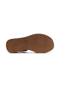 Suola di scarpa in gomma marrone con superficie testurizzata, caratterizzata da una forma sagomata e un lieve arco. I bordi sono lisci senza hardware visibile.