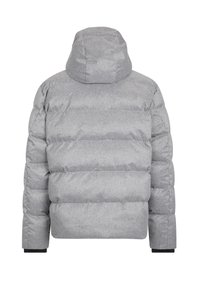 Dunjakke i lyst grått materiale med hette, quiltet tekstur, elastiske mansjetter og en firkantet form med synlige sømmer.