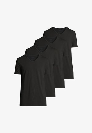 Vier schwarze Baumwoll-T-Shirts mit kurzen Ärmeln und V-Ausschnitt. Glatte Textur und einheitliche Farbe bei allen Shirts.