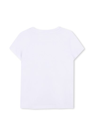 T-shirt blanc uni à manches courtes avec un col rond, présenté de dos sur un fond blanc.