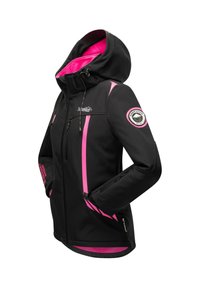 Black hooded jacket with bright pink interior lining, pink vertical stripes, zippered pockets, and a circular mountain logo patch on the sleeve.