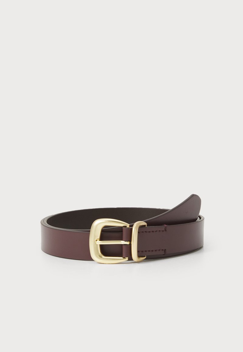 Burgundy leather belt with a gold metal buckle, featuring a smooth texture and a classic design. Stitching detail along the edges.