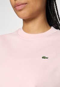 Kvinne iført lys rosa skjorte med liten grønn krokodillelogo på brystet og flettet hår synlig på høyre side.