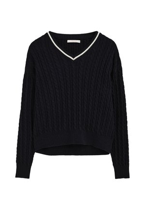 Jersey negro de canalé con cuello en V y ribete blanco, mangas largas y puños y dobladillo acanalados.