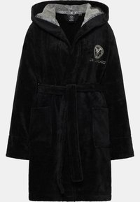 Zwarte pluche badjas met capuchon, riem en twee voorkeurszakken. Voering met een contrasterende print. Geborduurd logo op de borst.