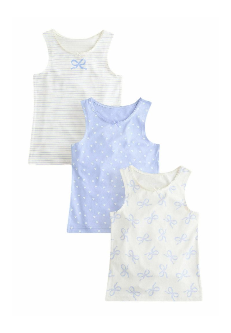 Three tank tops: one off-white with blue stripes and bow, one light blue with white hearts, one cream with blue bows. All cotton fabric.