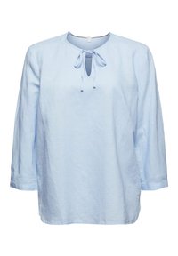 Blouse bleu clair à manches longues avec un col rond et un détail noué à l'avant, confectionnée en lin léger et doux.
