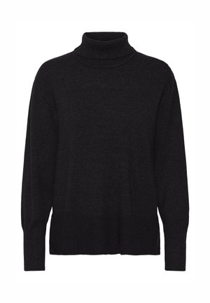 Juodas megztinis su aukštu kaklu, pagamintas iš minkštos medžiagos. Turi laisvą siluetą, ilgus rankovėmis, o šonai ir apykaklė yra įrengti su juostelėmis, suteikiančiomis papildomą tekstūros sijoną.